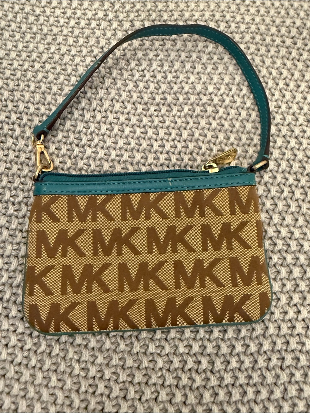Michael Kors Brown Logo Wristlet with Teal Trim